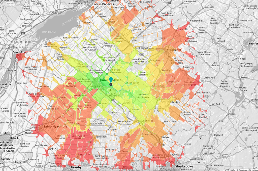 Isochrone de 75 km autour du centre naturiste DSA