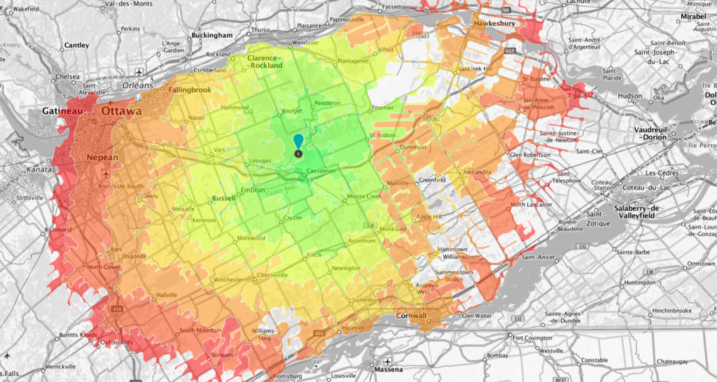 Isochrone de 75 km autour du centre naturiste East Haven Sun Club