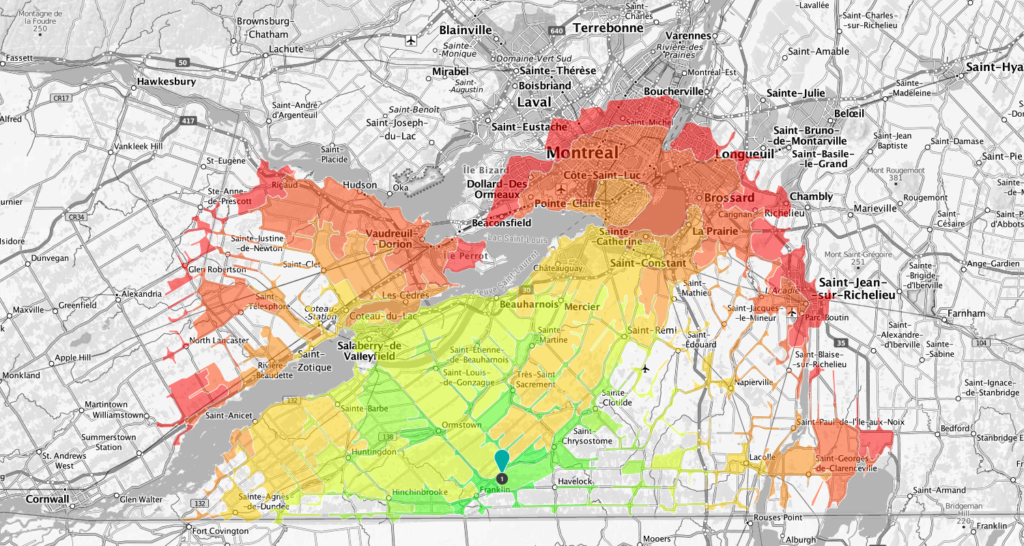 Isochrone de 75 km autour du centre naturiste La Pommerie