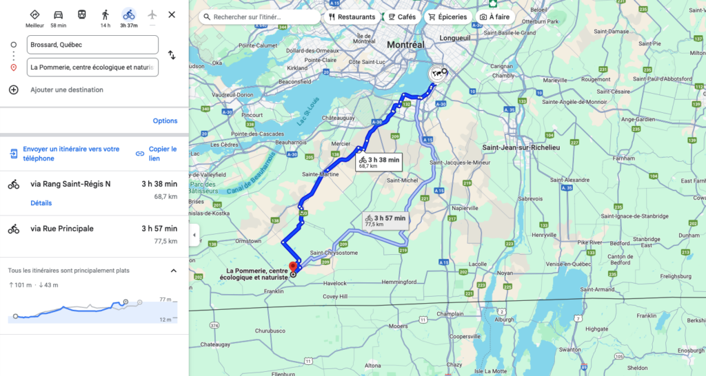 Capture d'écran d'itinéraire entre Brossard et La Pommerie en vélo